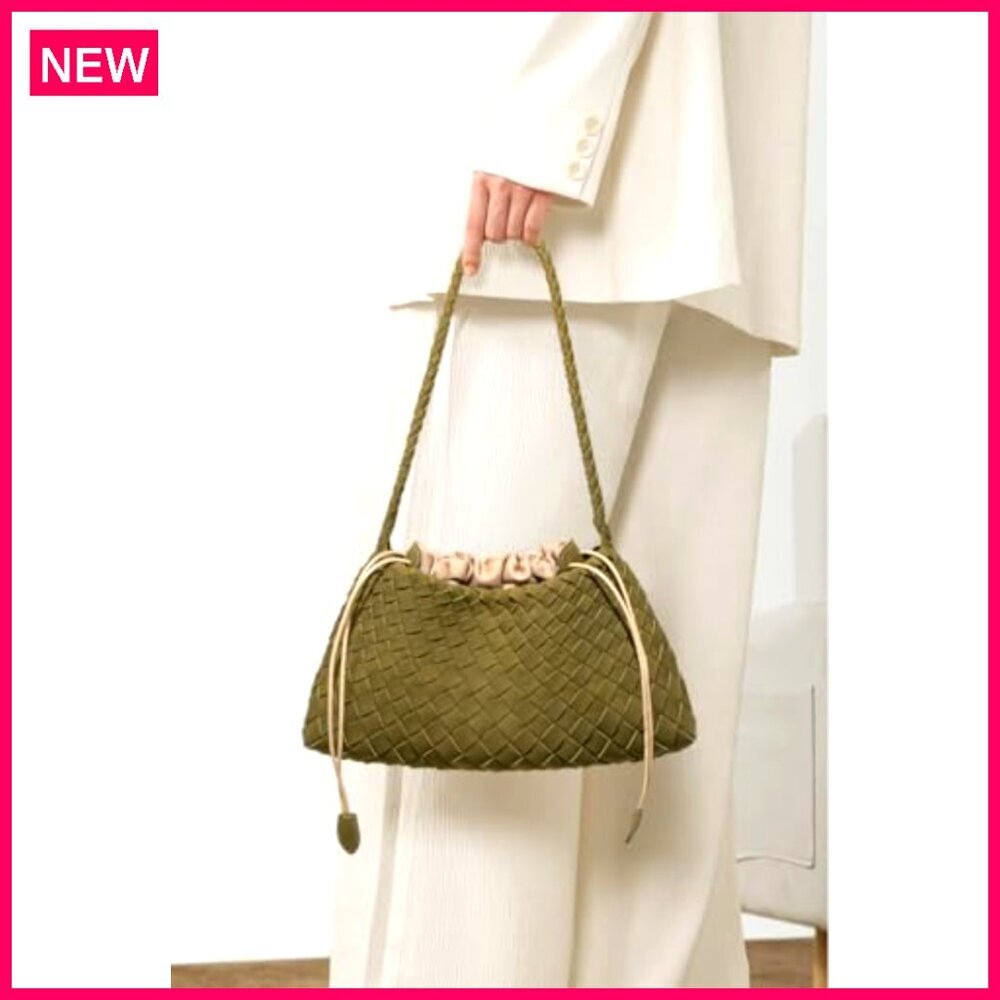Suede Woven Hobo Tote Bag, 12.6" Capacity, PU Leather Shoulder Purse - Picture 4 of 8